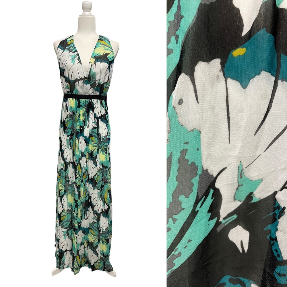 New York & Company XL Chiffon Green Leaf Print Halter Maxi Dress Lined 23243